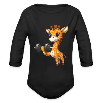 Giraffe Bench Press Workout - Organic Long Sleeve Baby Bodysuit - black - Front