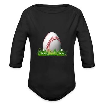 Baseball Easter Egg On Grass - Organic Long Sleeve Baby Bodysuit - black - Front