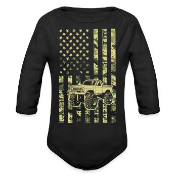 Camo American Flag Monster Truck - Organic Long Sleeve Baby Bodysuit - black - Front