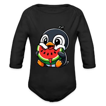 Cute penguin watermelon summer cartoon fruity - Organic Long Sleeve Baby Bodysuit - black - Front