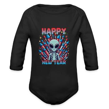 Happy New Year with Alien - Organic Long Sleeve Baby Bodysuit - black - Front