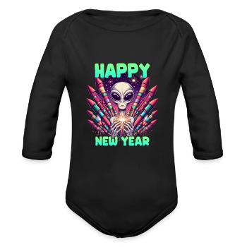 Happy New Year with Alien - Organic Long Sleeve Baby Bodysuit - black - Front