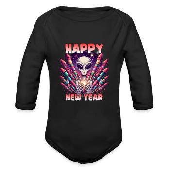Happy New Year with Alien - Organic Long Sleeve Baby Bodysuit - black - Front