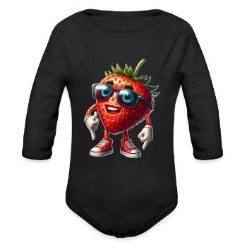 Cool strawberry summer sun fruity fruit - Organic Long Sleeve Baby Bodysuit - black - Front