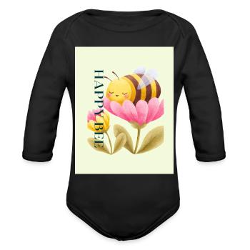 Happy Bee on Bloom Watercolor - Organic Long Sleeve Baby Bodysuit - black - Front