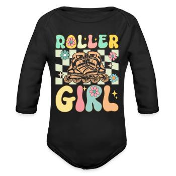 Groovy Roller Skating Girl Female Roller Skater - Organic Long Sleeve Baby Bodysuit - black - Front