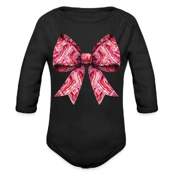 Coquette Bow Bacon Strips Pattern Pork Mom - Organic Long Sleeve Baby Bodysuit - black - Front