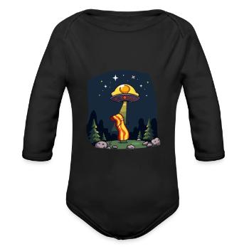 A bacon strip is being abducted by a flying saucer - Organic Long Sleeve Baby Bodysuit - black - Front