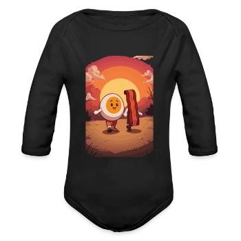 A fried egg and a strip of bacon taking a leisurel - Organic Long Sleeve Baby Bodysuit - black - Front