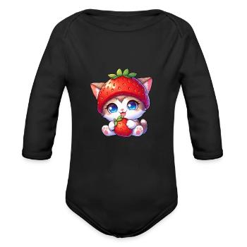 Cat with strawberry hat cute fruity quirky - Organic Long Sleeve Baby Bodysuit - black - Front