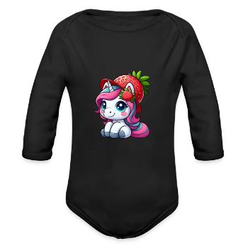 Cute Unicorn with Strawberry Fruity Summer Quirky - Organic Long Sleeve Baby Bodysuit - black - Front
