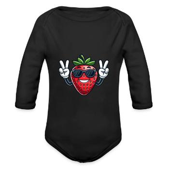 Cute Strawberry Cartoon Peace Fruity - Organic Long Sleeve Baby Bodysuit - black - Front