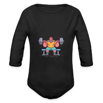 Cartoon Heavy Lifter on Bench - Organic Long Sleeve Baby Bodysuit - black - Front