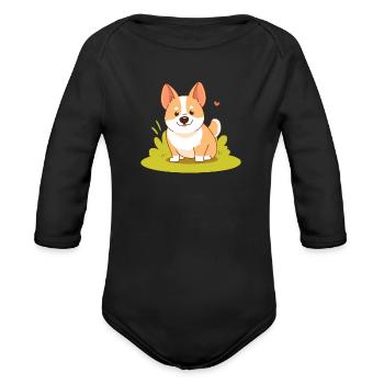 Corgi Dog Sitting on Grass - Organic Long Sleeve Baby Bodysuit - black - Front