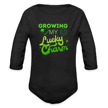 Growing my lucky charm. - Organic Long Sleeve Baby Bodysuit - black - Front
