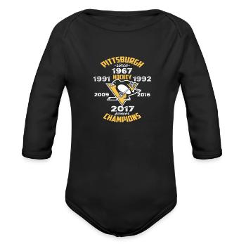 Pittsburgh Hockey 5 Times Cup Champions Cool Pengu - Organic Long Sleeve Baby Bodysuit - black - Front
