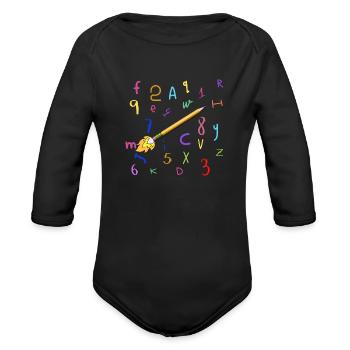 Pencil rocket in alphabet sky - Organic Long Sleeve Baby Bodysuit - black - Front