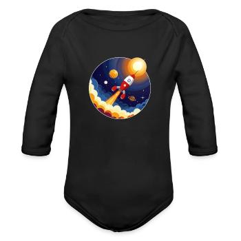Colourful image of a rocket flying through space - Organic Long Sleeve Baby Bodysuit - black - Front