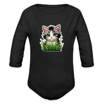 Cat in a Grass - Organic Long Sleeve Baby Bodysuit - black - Front