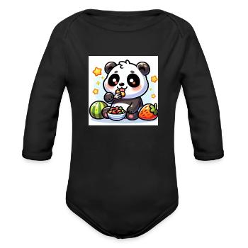 Cartoon Panda Image - Organic Long Sleeve Baby Bodysuit - black - Front