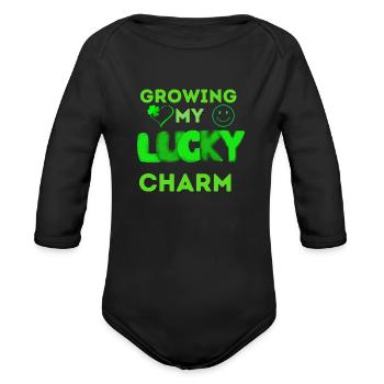 Growing my lucky charm. - Organic Long Sleeve Baby Bodysuit - black - Front