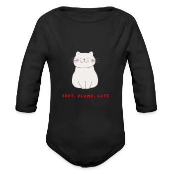 Soft, Plump, Cute – Chubby Cat Cartoon Design - Organic Long Sleeve Baby Bodysuit - black - Front