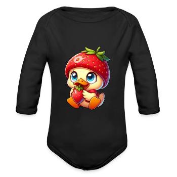 Cute Duck with Strawberry Fruity Quirky Fruit - Organic Long Sleeve Baby Bodysuit - black - Front