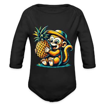 Monkey Chimpanzee Pineapple Fruity Cute Comic - Organic Long Sleeve Baby Bodysuit - black - Front