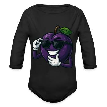 Cool plum with sunglasses cartoon funny fruity - Organic Long Sleeve Baby Bodysuit - black - Front
