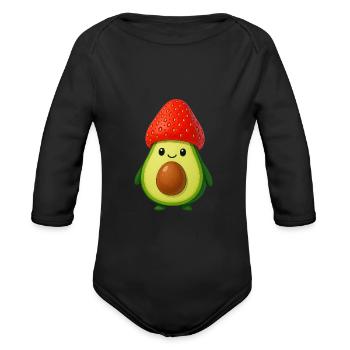 Funny avocado strawberry hat fruity fun - Organic Long Sleeve Baby Bodysuit - black - Front