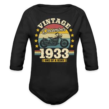 Vintage 90th Birthday Gift - Born Dec 1933 - Organic Long Sleeve Baby Bodysuit - black - Front