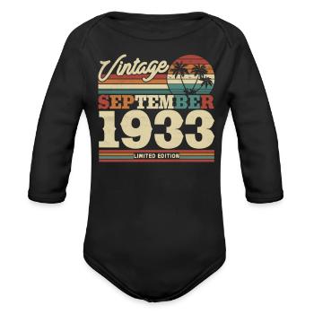 Vintage September 1933 Birthday Gift - 90/91 Years - Organic Long Sleeve Baby Bodysuit - black - Front