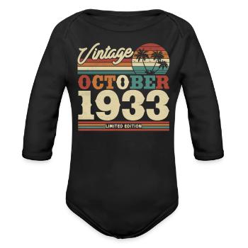 Vintage October 1933 Birthday Gift - 90 Years - Organic Long Sleeve Baby Bodysuit - black - Front