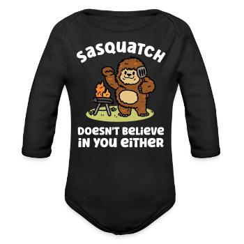 Sasquatch Bigfoot Doesn't Believe Either Summer - Organic Long Sleeve Baby Bodysuit - black - Front