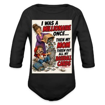 Funny Baseball Card Collector Millionaire Shirt - Organic Long Sleeve Baby Bodysuit - black - Front