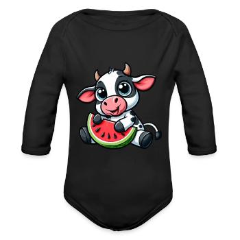 Cute cartoon cow watermelon summer fruity - Organic Long Sleeve Baby Bodysuit - black - Front
