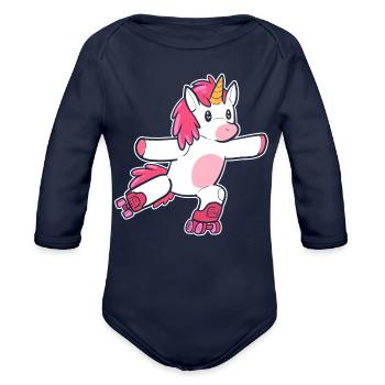 Unicorn Roller Skates Roller Skating For Girls - Organic Long Sleeve Baby Bodysuit - dark navy - Front