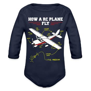 Rc Plane Remote Controlled Model Funny Diagram - Organic Long Sleeve Baby Bodysuit - dark navy - Front