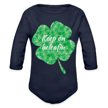 Clover Lucky Charm Leaf - Organic Long Sleeve Baby Bodysuit - dark navy - Front