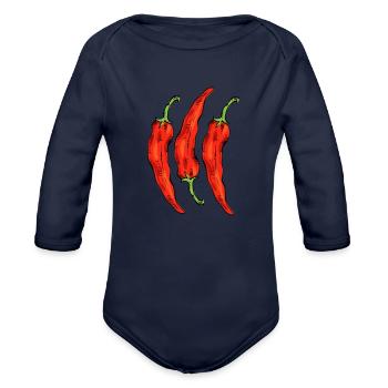 Three hot pepper chilli - red pepper - Organic Long Sleeve Baby Bodysuit - dark navy - Front