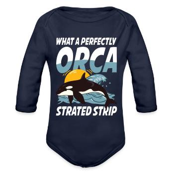 What A Perfectly Orca Strated Strip for a Orca - Organic Long Sleeve Baby Bodysuit - dark navy - Front