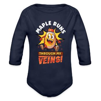 Maple Syrup Canada Tradition and Tapping - Organic Long Sleeve Baby Bodysuit - dark navy - Front