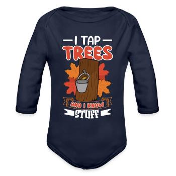 Maple Syrup Canada Tradition and Tapping - Organic Long Sleeve Baby Bodysuit - dark navy - Front