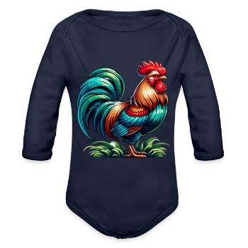 Beautiful Rooster Image - Organic Long Sleeve Baby Bodysuit - dark navy - Front