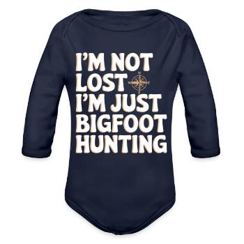 Bigfoot Believer Sasquatch Cryptid Forest Creature - Organic Long Sleeve Baby Bodysuit - dark navy - Front