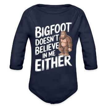 Bigfoot Believer Sasquatch Cryptid Forest Creature - Organic Long Sleeve Baby Bodysuit - dark navy - Front