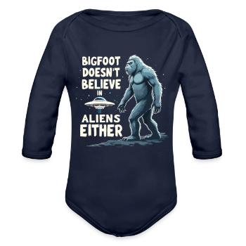 Bigfoot Believer Sasquatch Cryptid Forest Creature - Organic Long Sleeve Baby Bodysuit - dark navy - Front