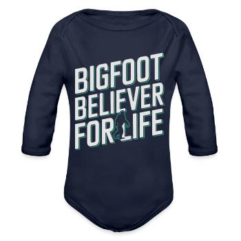 Bigfoot Believer Sasquatch Cryptid Forest Creature - Organic Long Sleeve Baby Bodysuit - dark navy - Front