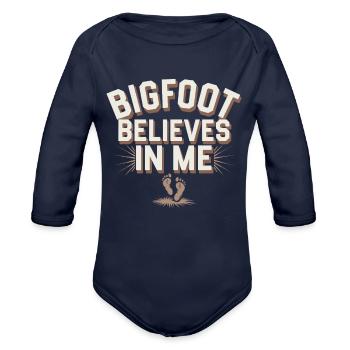 Bigfoot Believer Sasquatch Cryptid Forest Creature - Organic Long Sleeve Baby Bodysuit - dark navy - Front