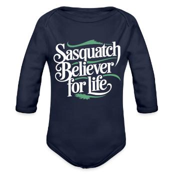 Bigfoot Believer Sasquatch Cryptid Forest Creature - Organic Long Sleeve Baby Bodysuit - dark navy - Front
